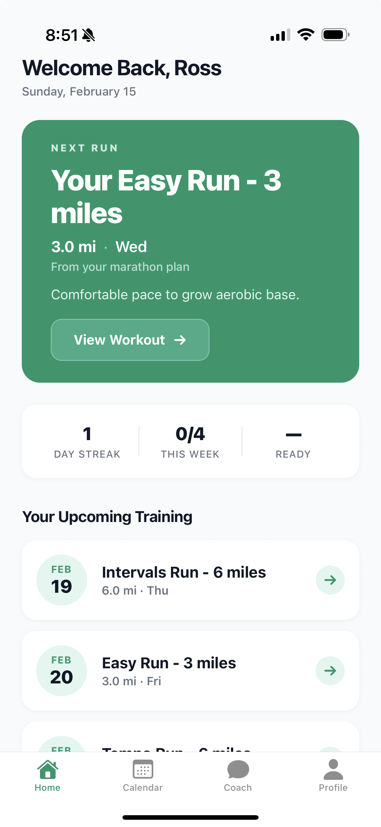 StrideRun app showing today's workout and training plan